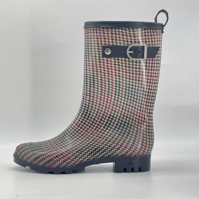 Vintage houndstooth edged button PVC rain boots