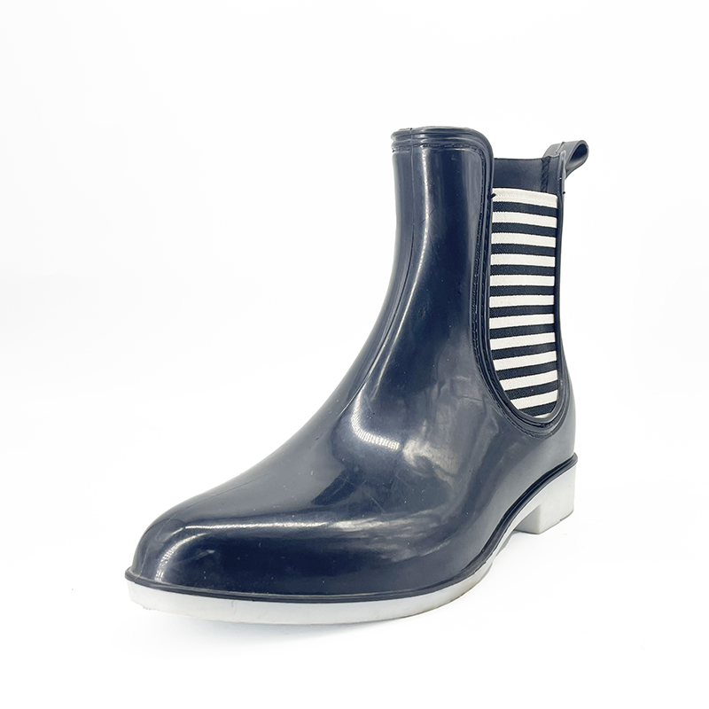 Black and  white striped elastic deep blue fashion rain boots
