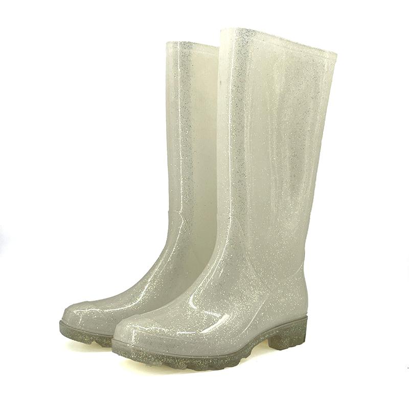 Beige Crystal Glitter High leg PVC Rain Boots-2