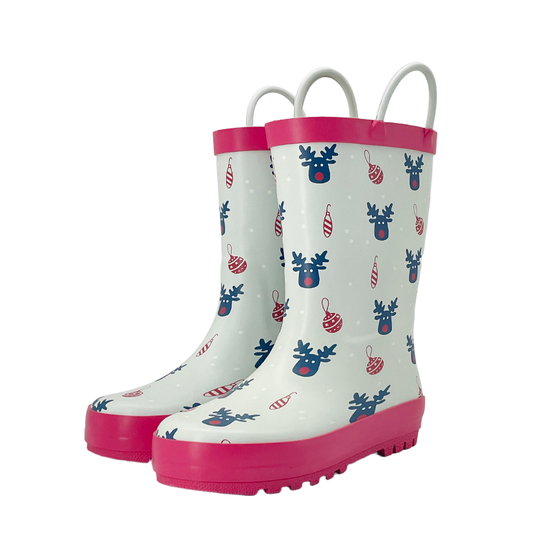 Christmas moose motif handled matte rubber waterproof rainboots