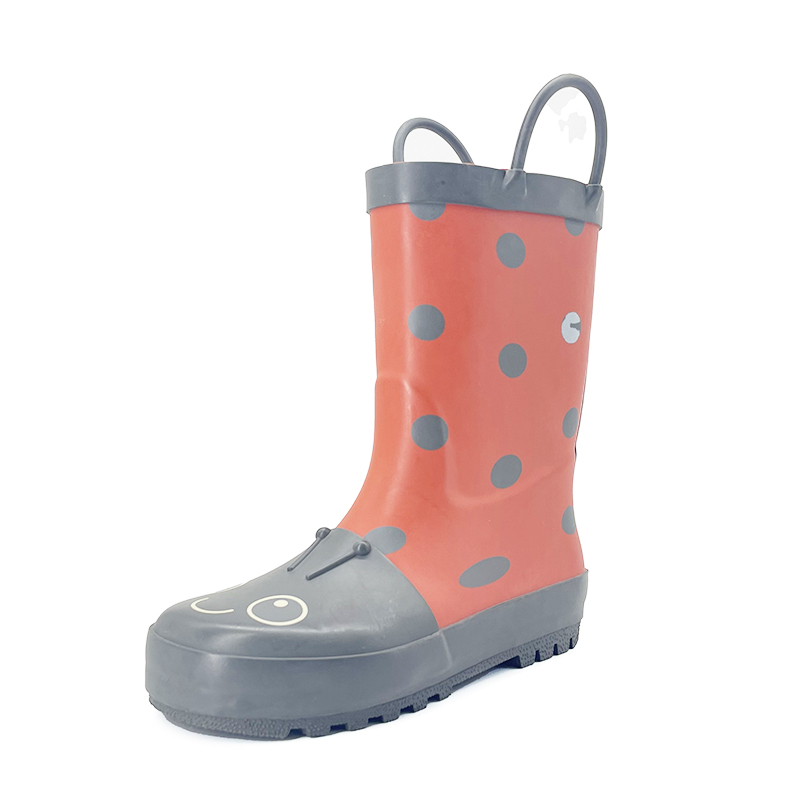 Ladybug pattern matte rubber waterproof handled rainboots 