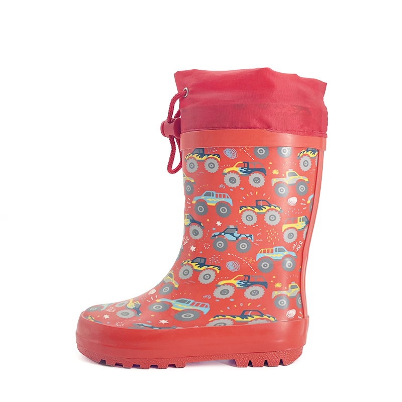 Red truck motif rubber waterproof collar rainboots