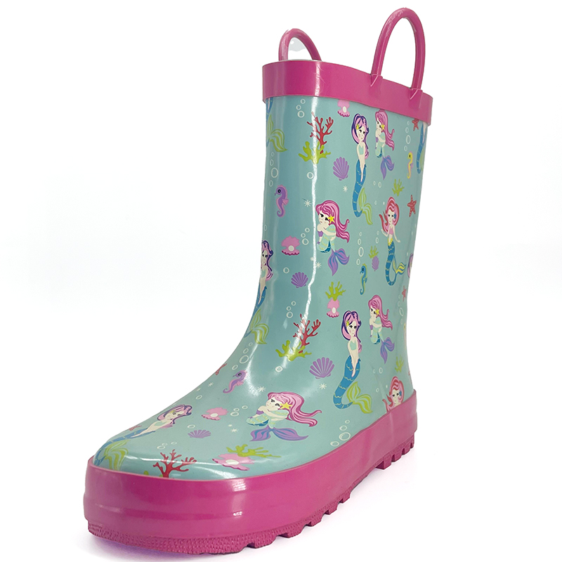 Mermaid  pattern colorful handled rubber rain boots