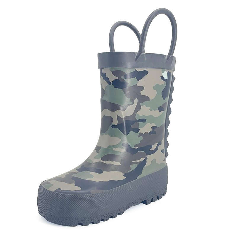 camouflage pattern handled rubber rain boots